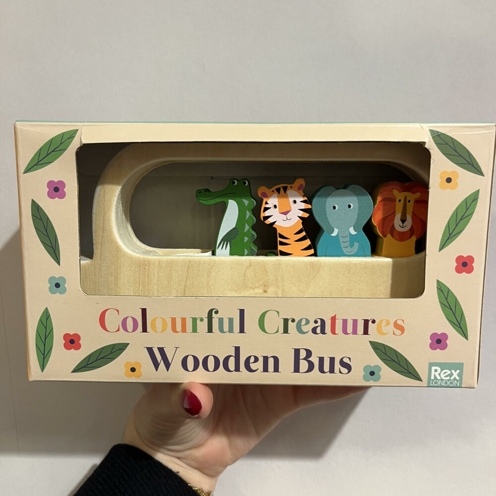 REX London bus en bois avec animaux colorés