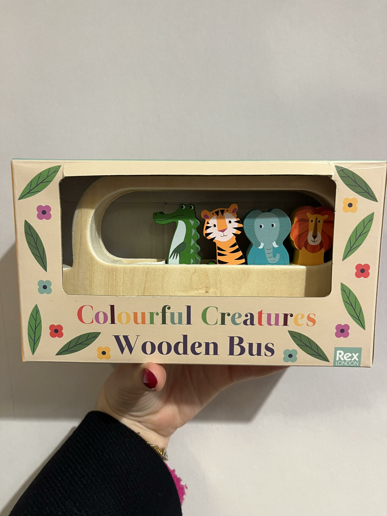 REX London bus en bois avec animaux colorés